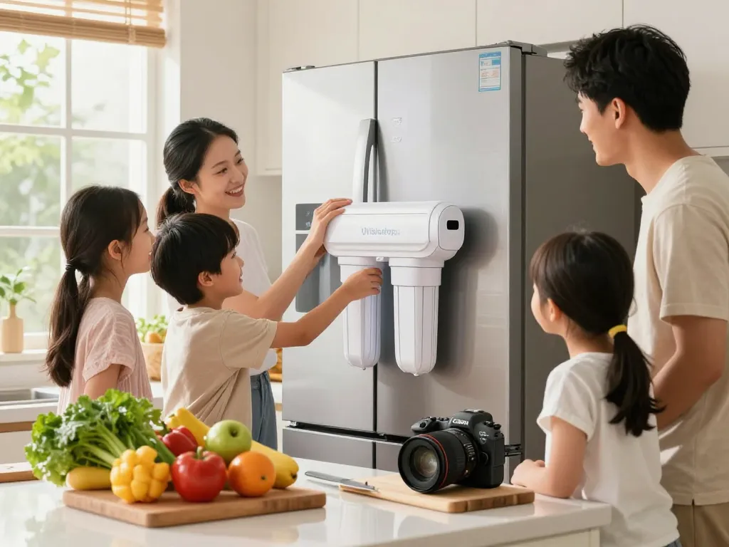 Replacing the Waterdrop XWF Refrigerator Water Filter in a modern kitchen with fresh produce and natural light.