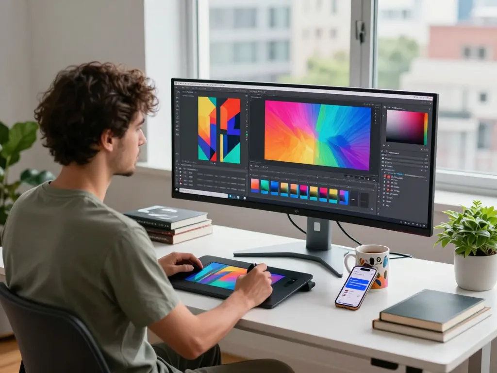 Dynamic AI image editing scene showcasing an artist using nano banana on dual monitors and graphic tablet.