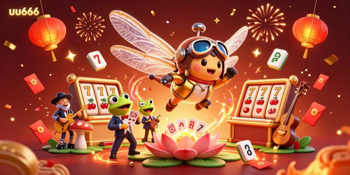 Experience thrilling slots at uu666 with vibrant imagery of a dragonfly pilot and frog croupier in a lively casino.