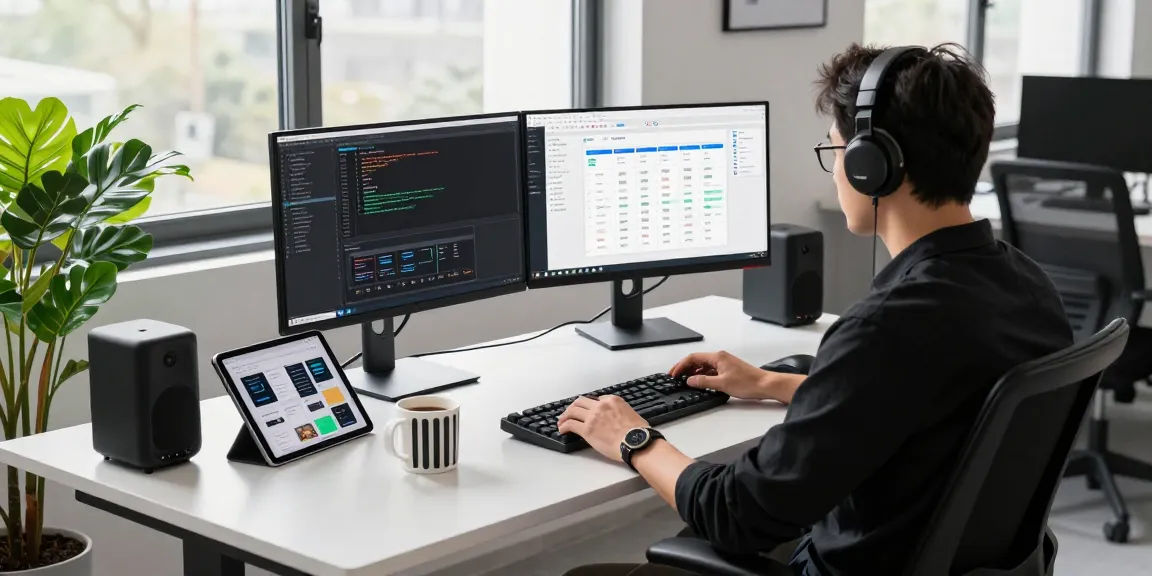 Developer working on 纸飞机中文版 software in a modern office with dual monitors and creative workspace.