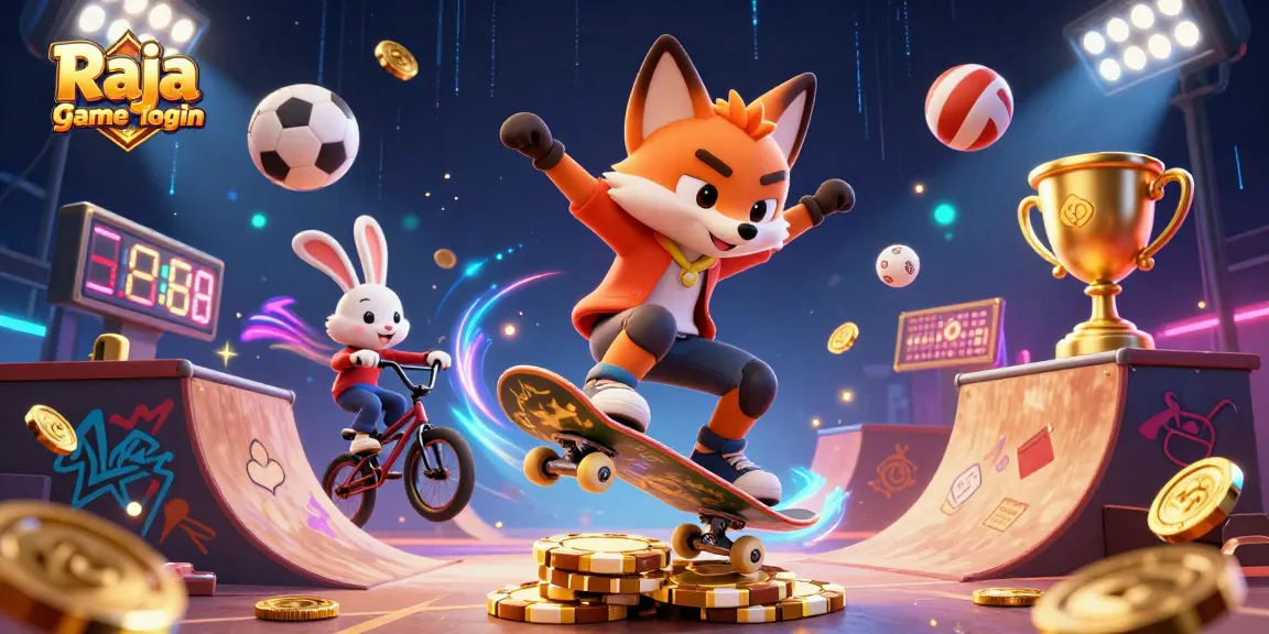 Experience thrilling Raja game login action with vibrant characters, casino elements, and dynamic sports motifs.