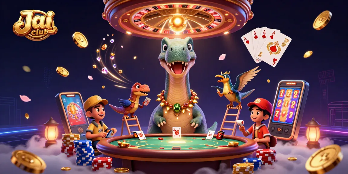 Engage with Jai club's thrilling poker scene featuring a massive dinosaur dealer and vibrant casino elements.