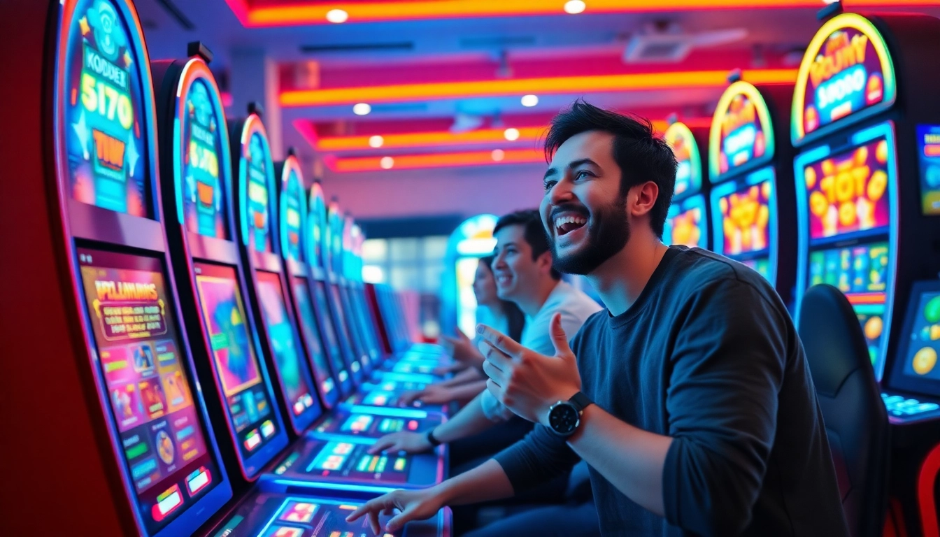 Kode4d slot gaming scene with vibrant slot machines and excited players.