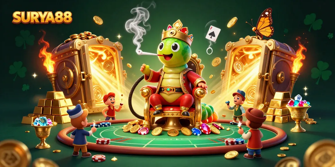 SURYA88 engages gamblers with a vibrant casino scene featuring a caterpillar hookah-master and poker elements.