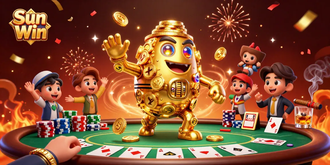 Experience Sun Win with an energetic 3D scene featuring a golden golem and exciting poker elements.