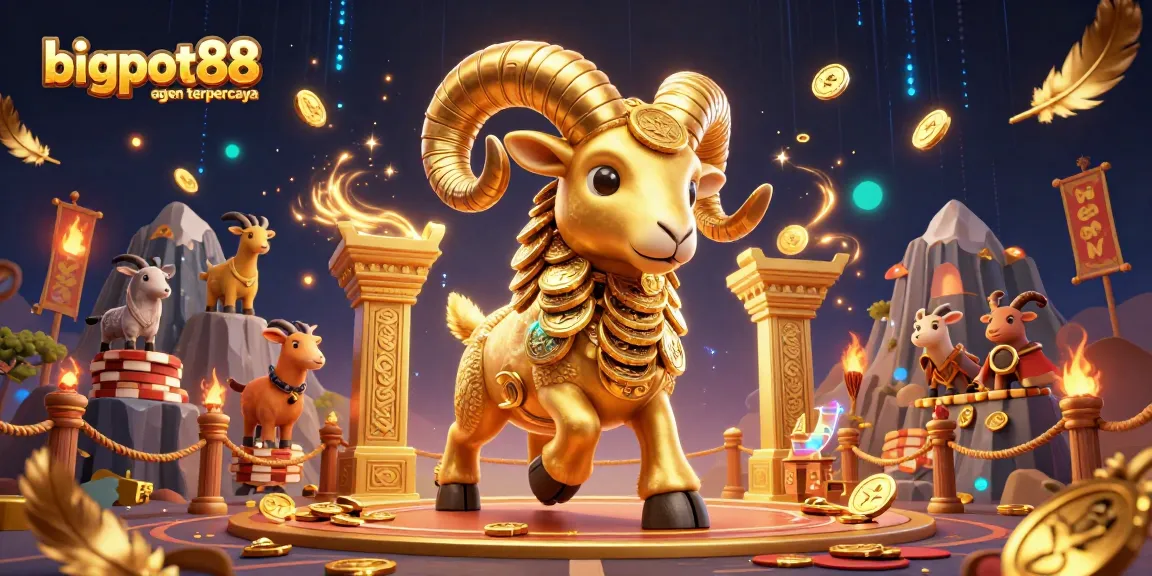 Join the excitement with bigpot88 agen terpercaya and a 3D golden ram charging through a vibrant casino arena.