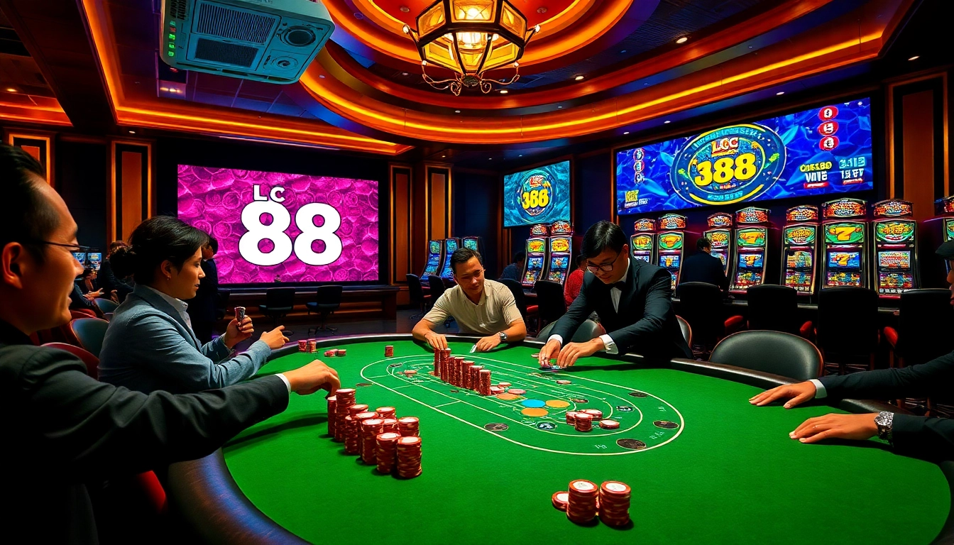 Players engaging in high-stakes poker at Lc 88 casino, showcasing excitement and luxury.