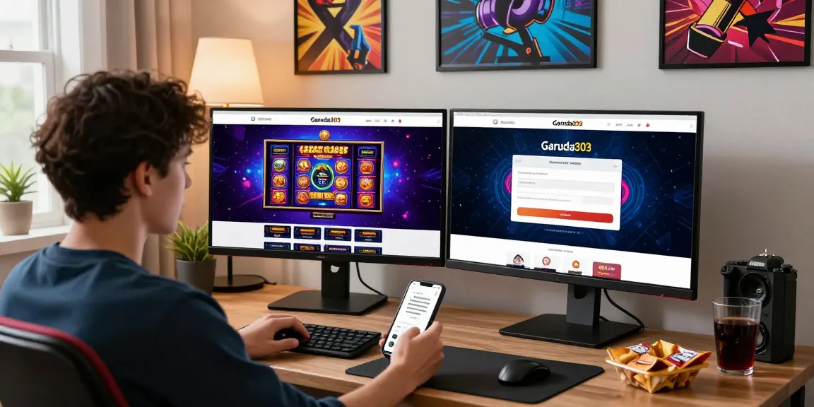 Garuda303 login scene at home office with gaming setup, vibrant displays, and snacks for an engaging online gaming experience.