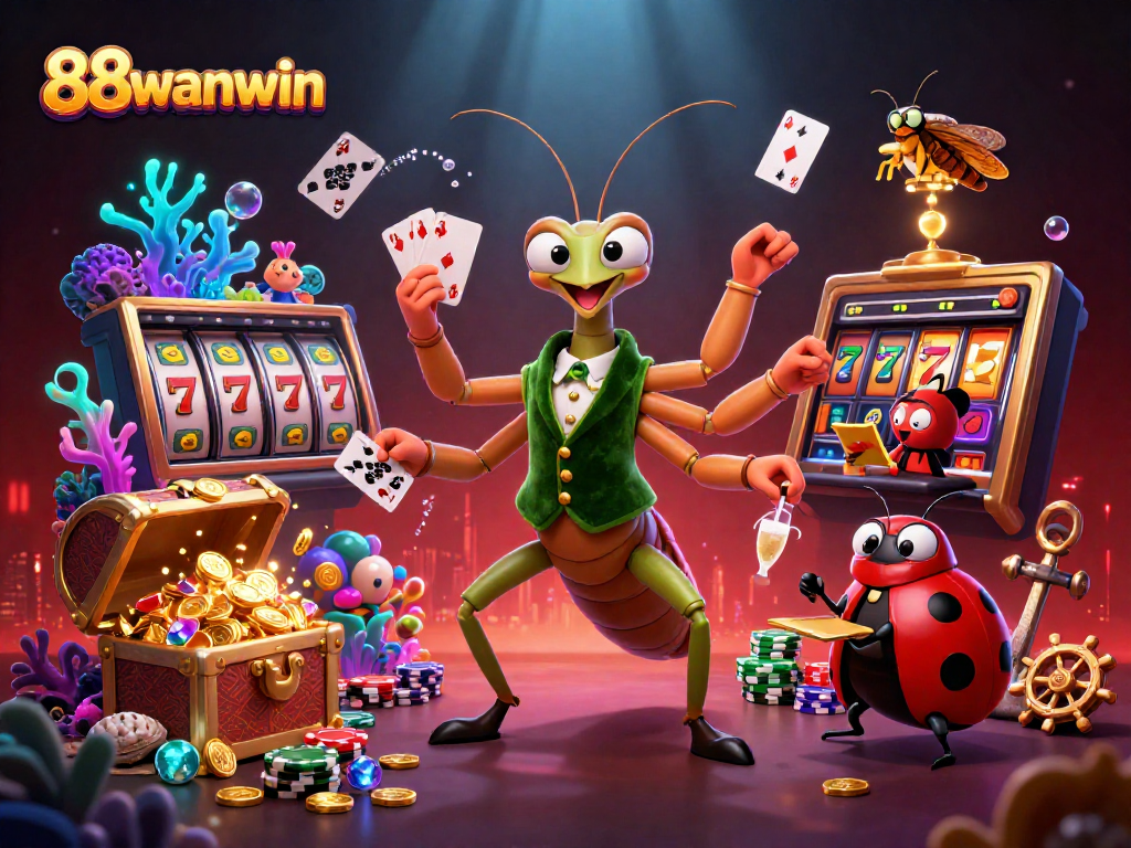 Experience thrilling gameplay with 88wanwin's vibrant 3D casino illustration featuring lively characters and gambling elements.