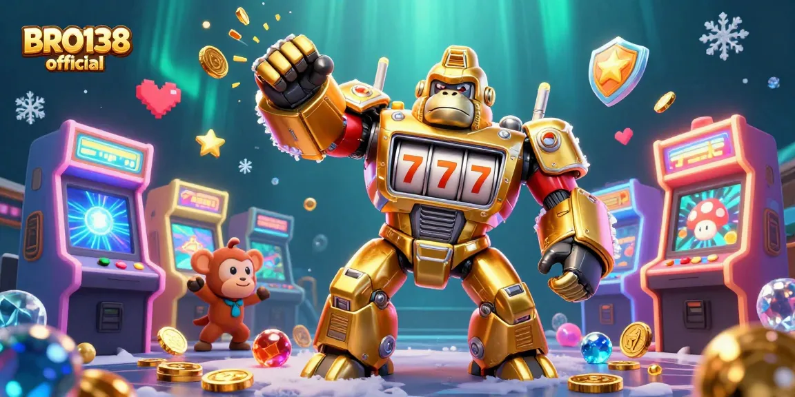 Experience thrilling gaming action with BRO138 official's colorful Mech and slot machine elements.