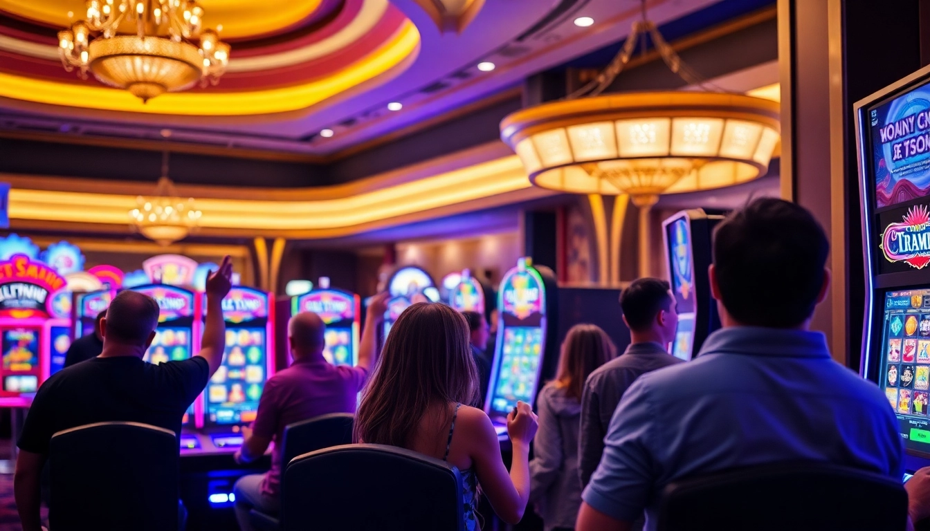 Experience login game slot terbaru amidst vibrant casino machines and celebrations.
