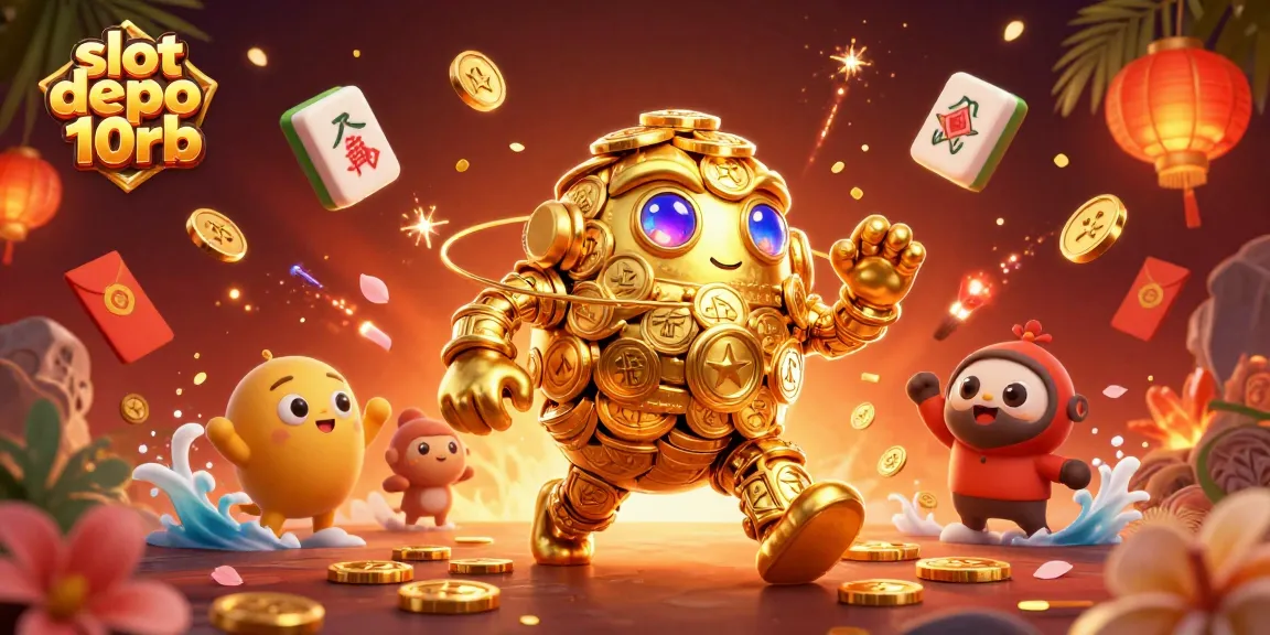 Experience the thrill of slot depo 10rb with a dazzling golden golem amidst vibrant casino elements.
