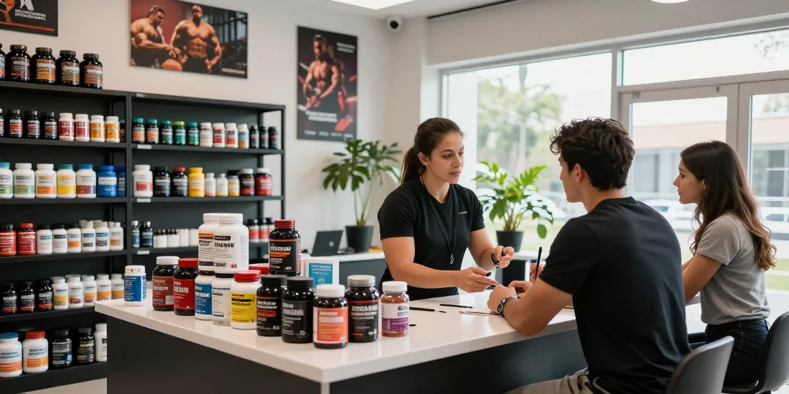 Unique Pharma Steroid Shop featuring an athletic trainer consulting clients in a vibrant health store.