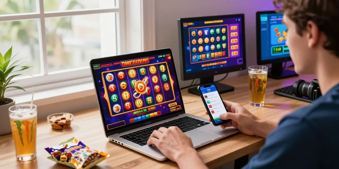 Engaging scene of a player using slot depo 5000 online with colorful jackpot visuals and gaming setup.