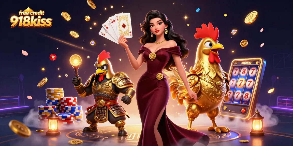 Experience the thrill of gaming with free credit 918kiss, vibrant casino scene with animated characters and flying coins.