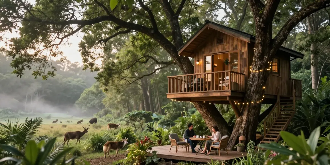 Stunning treehouses in a lush forest, featuring a couple enjoying a morning coffee on a deck.