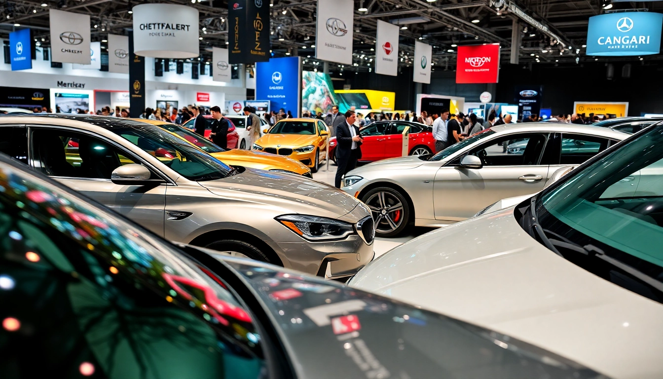 Attendees engaging at an auto cars show surrounded by shiny vehicles and vibrant displays.