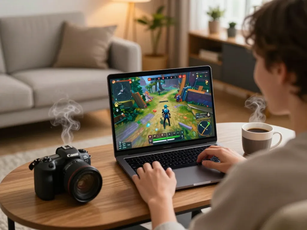 Player immersed in an NSFW game on a laptop at home, capturing an engaging gaming experience.