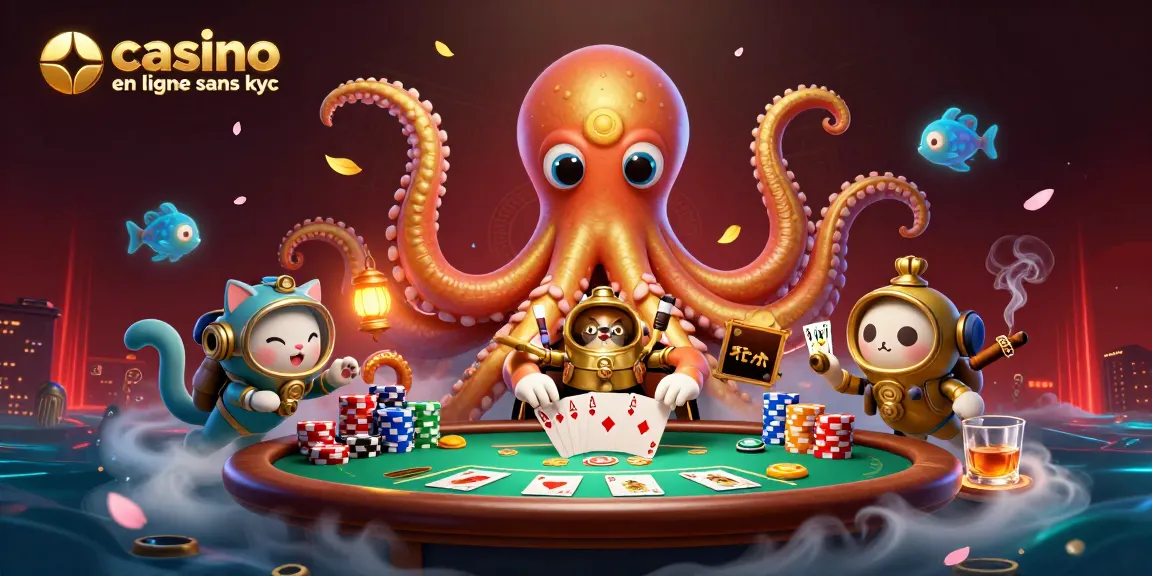 Jouez sur un casino en ligne sans KYC avec Kraken et un chat plongeur dans une scène dynamique captivante.