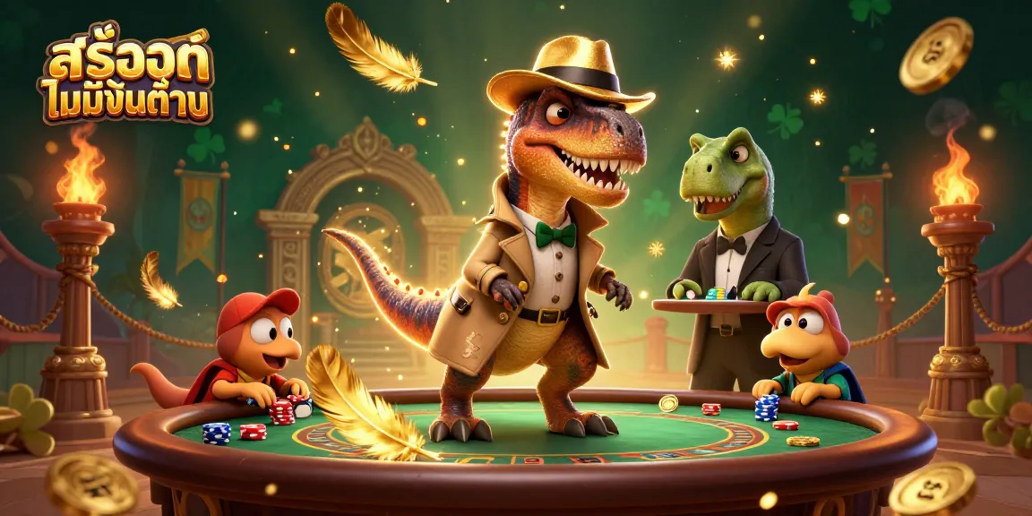 Engaging 3D scene of สล็อตไม่มีขั้นต่ำ featuring a creative velociraptor card counter and animated gambling elements.
