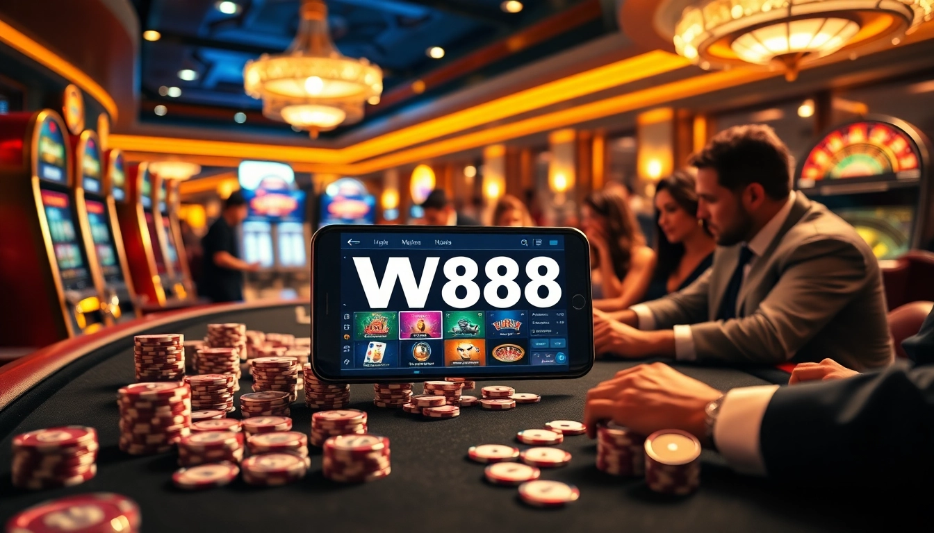 A vibrant casino scene showcasing the W88 link, with players at a table and a smartphone displaying gambling options.