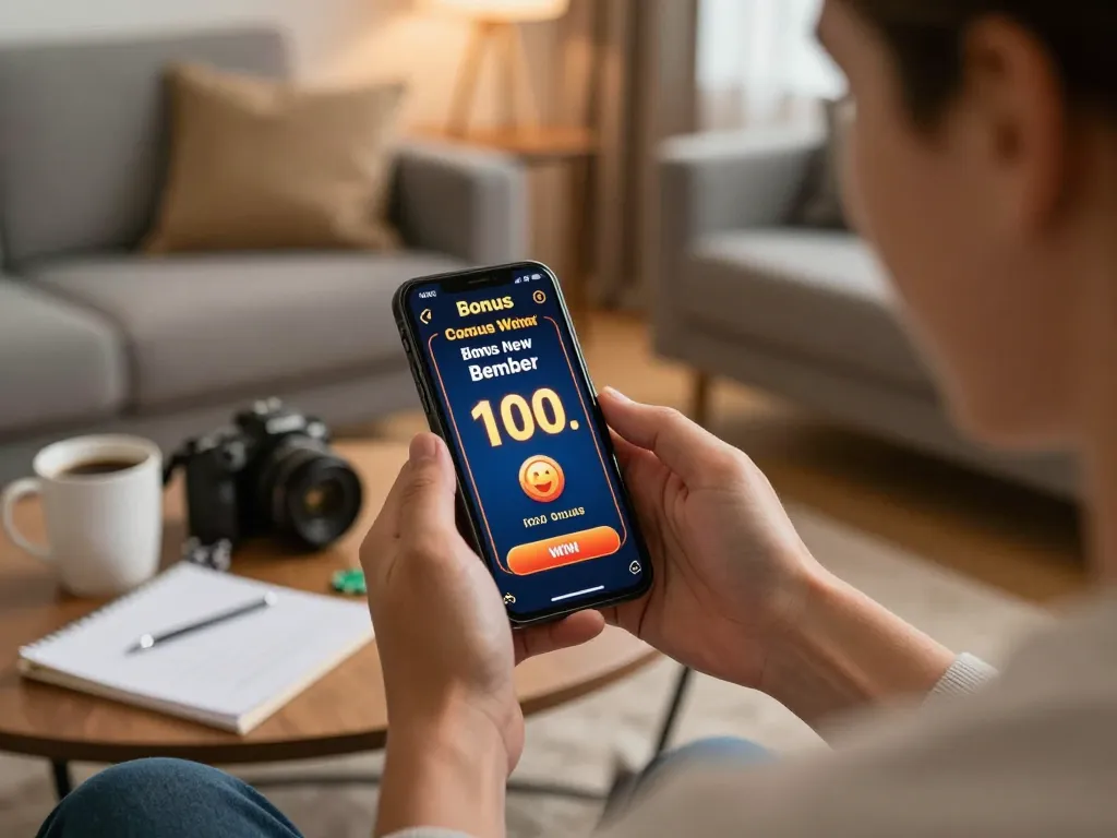 Celebrating a win with bonus new member 100 notification on a smartphone screen while enjoying online gambling.