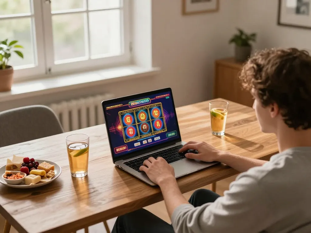 A person enjoying a thrilling game at a casino senza registrazione online, laptop displaying colorful slots in a cozy home setting.