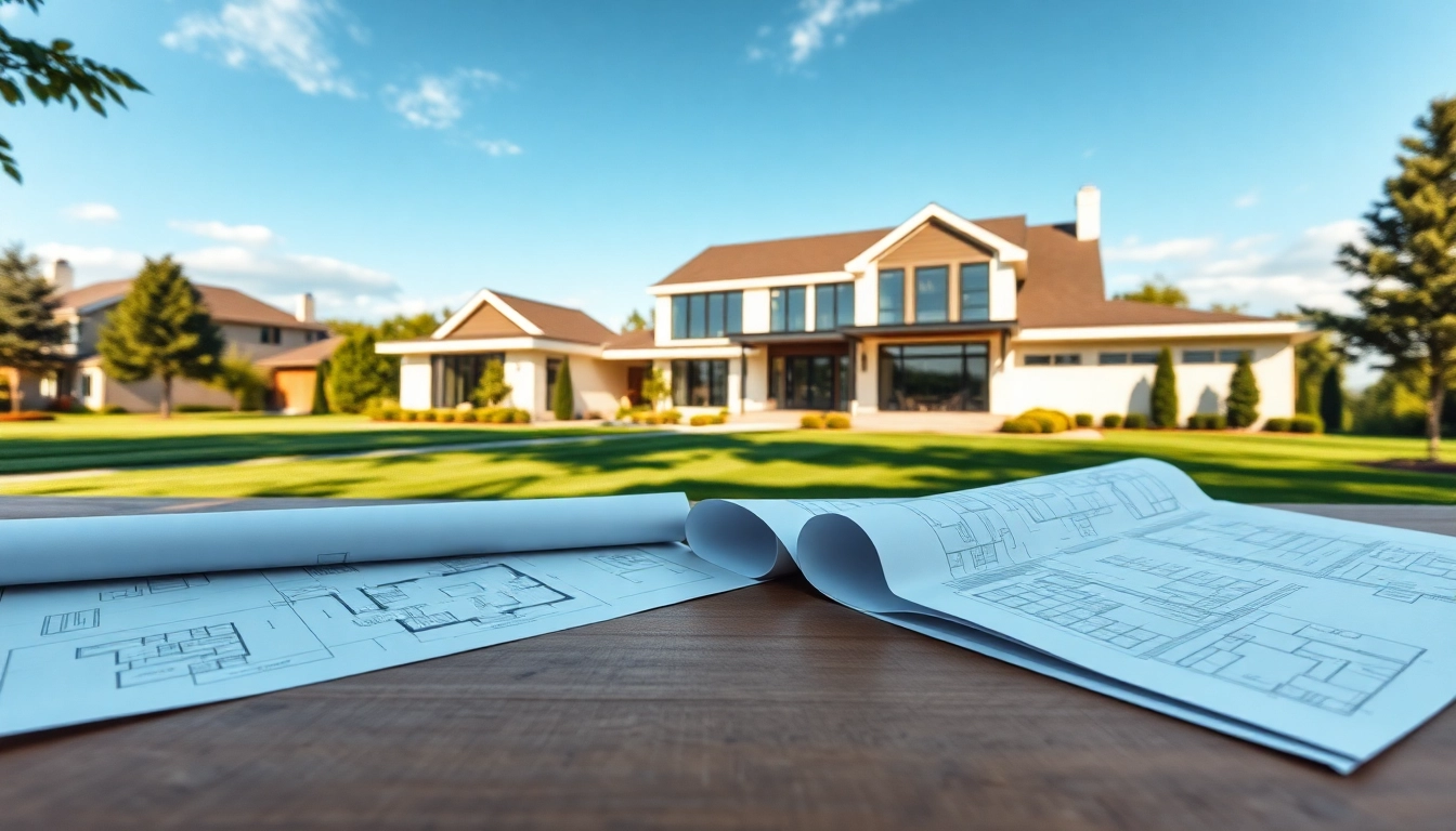 Showcase custom residential architecture services with a beautifully designed modern home and blueprints.