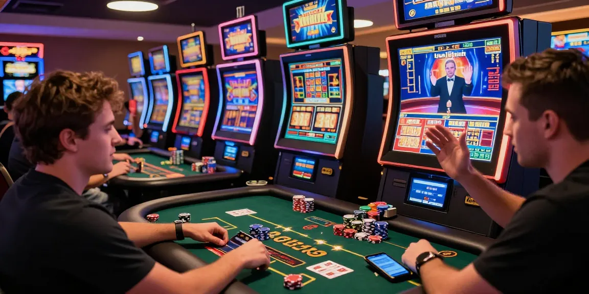 Players enjoying credit card casinos, vibrant slot machines, and live dealer games.