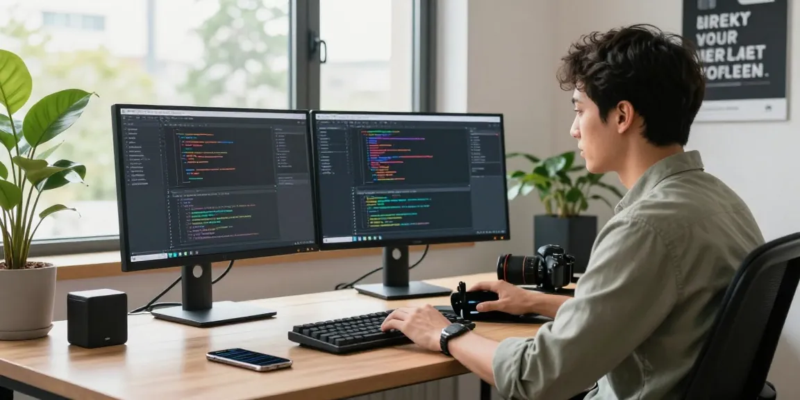 Developer coding in a modern workspace for the 纸飞机中文版 app with multiple screens.
