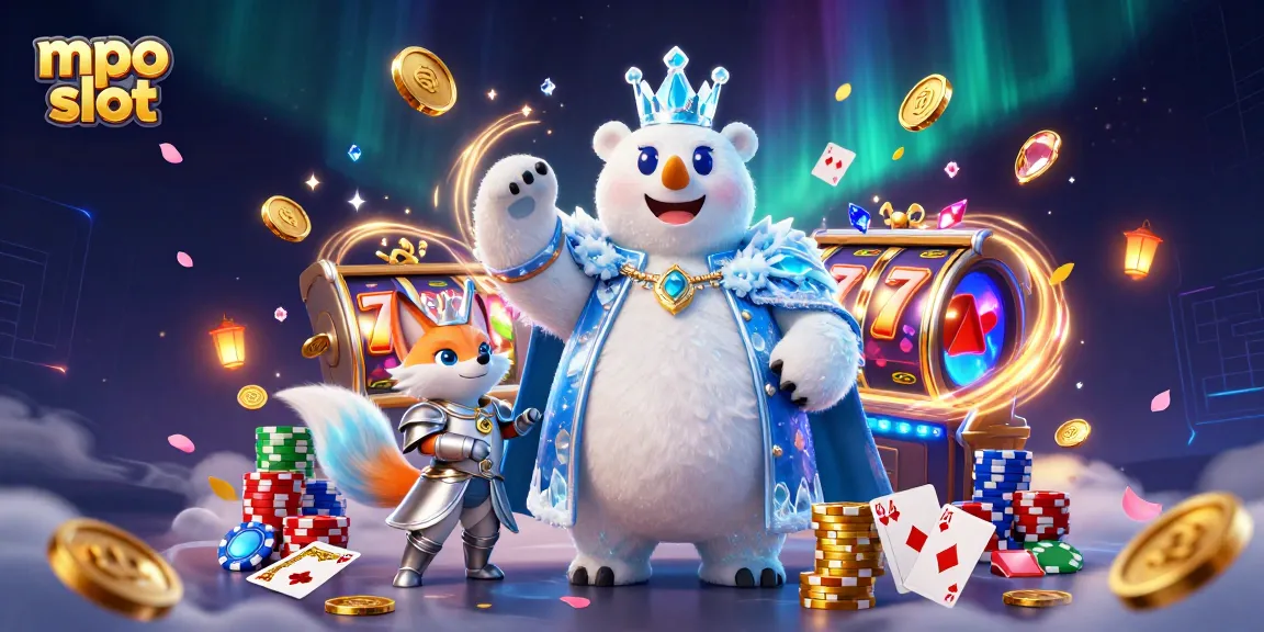Engage with mpo slot by spinning colorful reels, vibrant chips, and royal characters in a rich casino scene.