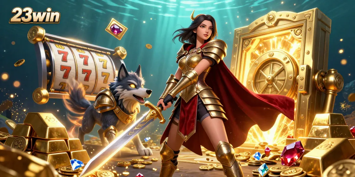 Experience thrilling gameplay with 23win, surrounded by golden treasures and dynamic casino elements.