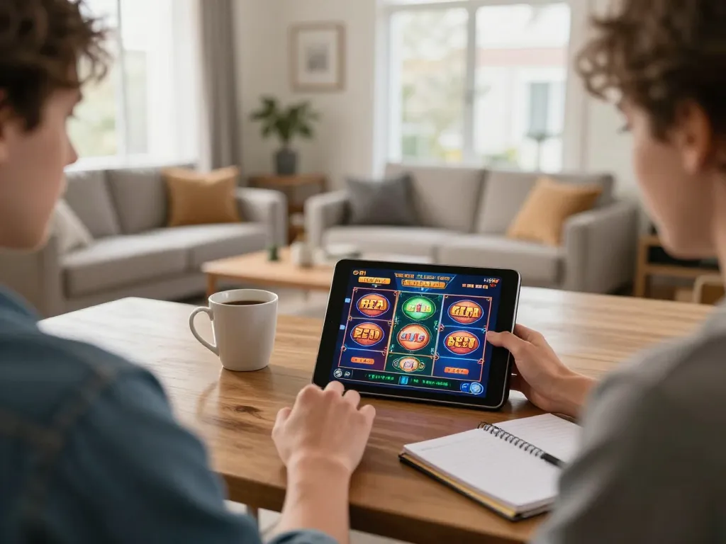 Engaging in online slots gaming with สล็อตวอเลท on a tablet in a cozy home setting.