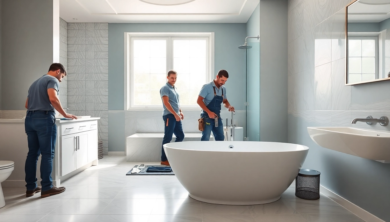 Skilled bathroom remodeling contractors renovating a stylish bathroom with elegant fixtures.