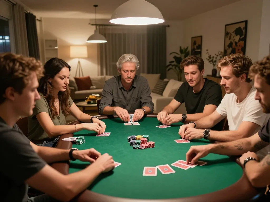 Players enjoying a thrilling home poker night with qq88, showcasing chips and intense gameplay.