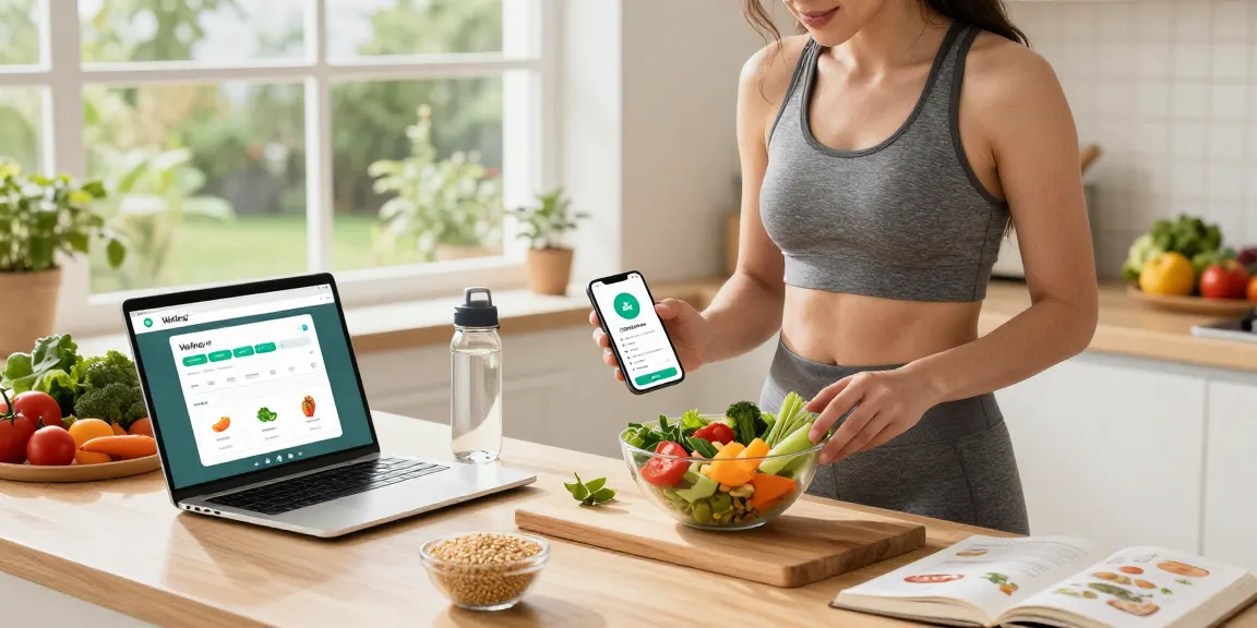 Engaging kitchen scene depicting the best weight loss app in action as a health enthusiast tracks meals.