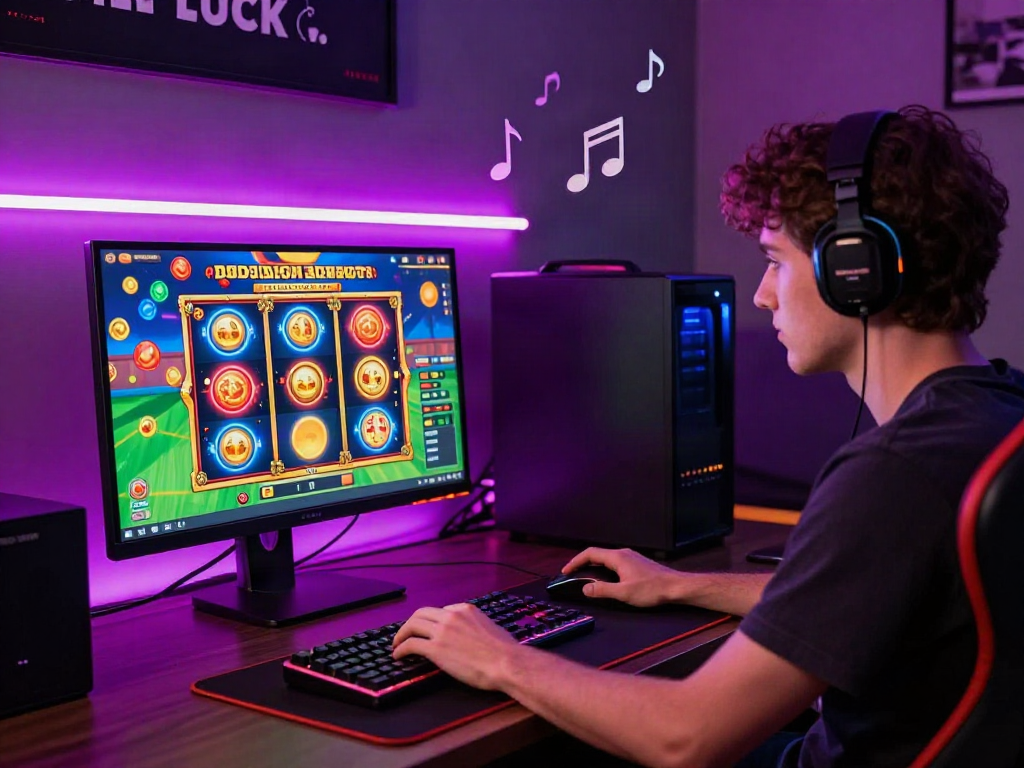 Experience the excitement of bro138 slot login link alternatif with a vibrant online gaming setup, showcasing a player and animated slot graphics.