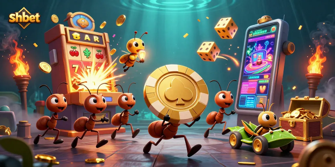 Experience the excitement of shbet as cartoon ants run a heist with a giant poker chip amid casino elements.