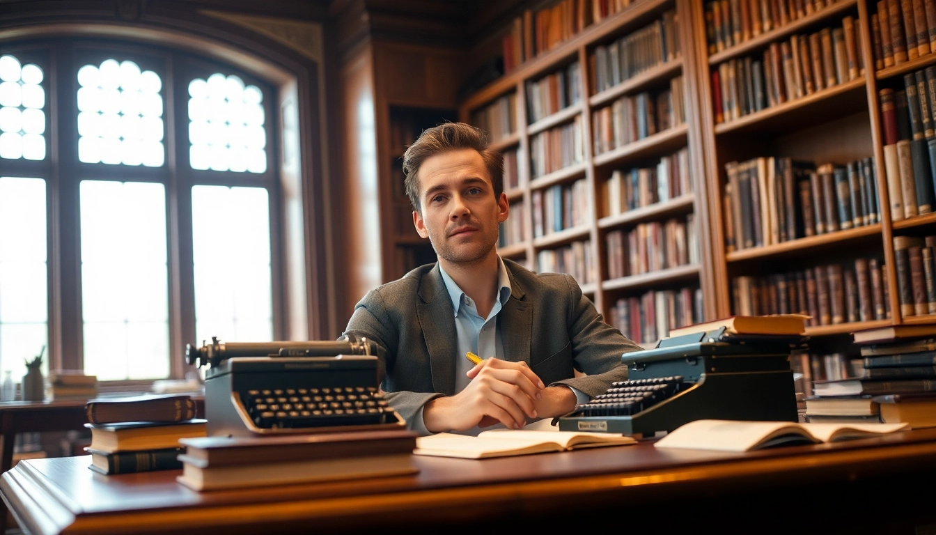 Author writing at a vintage desk, immersed in creativity in a warm library setting.
