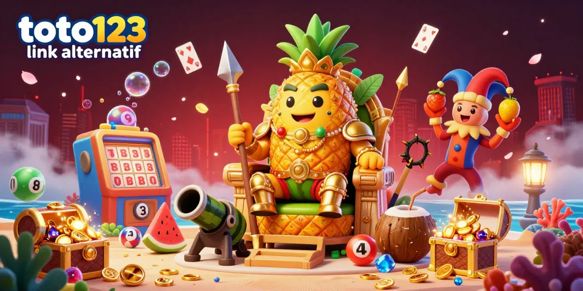 Toto123 link alternatif showcases an engaging beach casino scene with vibrant characters and lottery elements.