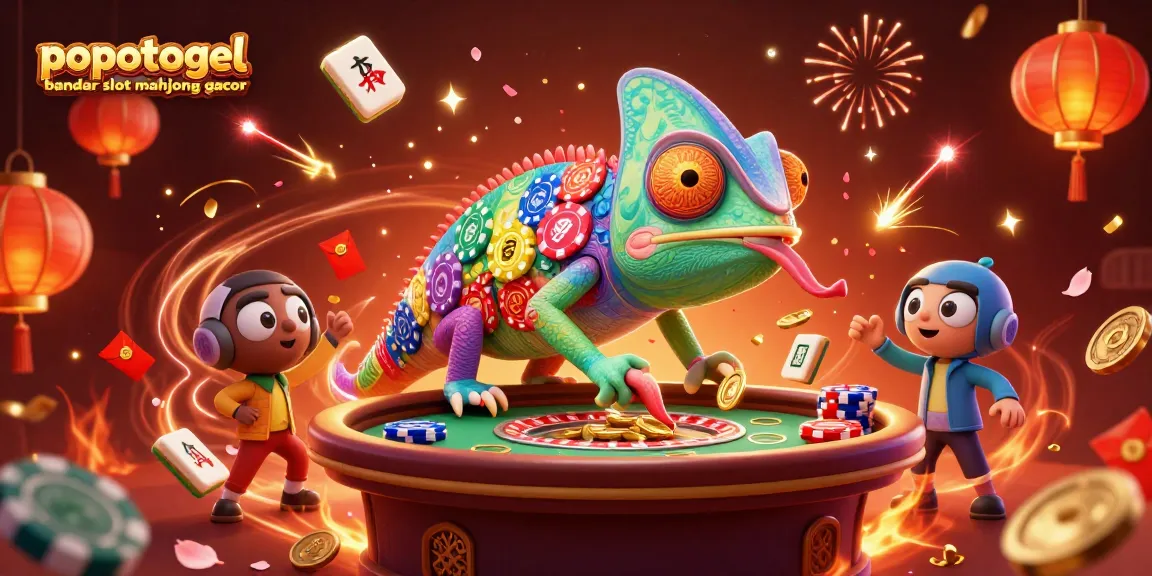 Engaging popotogel bandar slot mahjong gacor 3D illustration featuring a colorful chameleon casino owner amidst vibrant gaming elements.