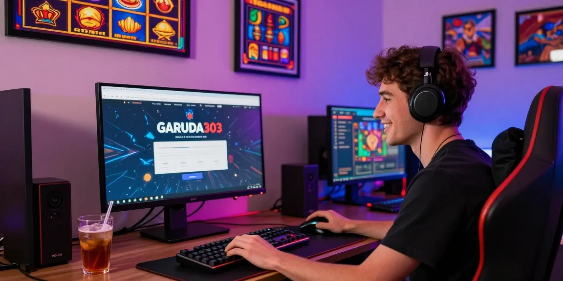 Player enjoying GARUDA303 login on a vibrant online gaming platform, surrounded by colorful slot game graphics.