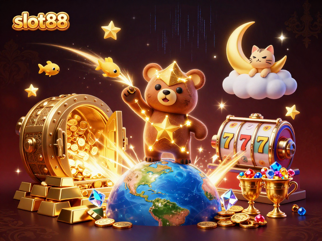 Spin the reels of slot88 and uncover treasures in a vibrant casino-themed illustration.