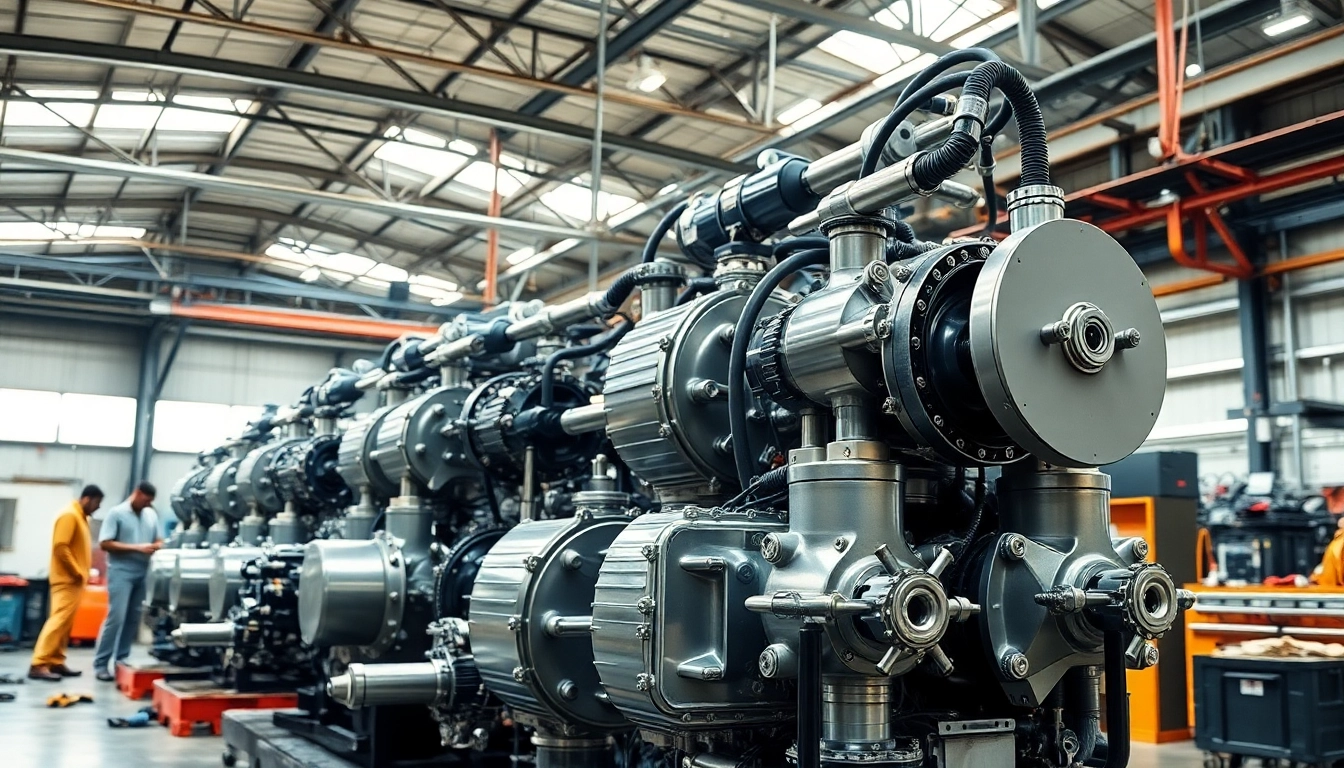 Showcase of industrial hydraulics solutions demonstrating advanced machinery and technology in a workshop setting.