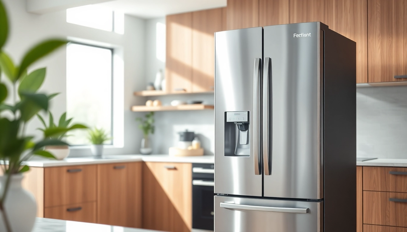 A modern refrigerator showcasing sleek design and stainless steel finish in a stylish kitchen.
