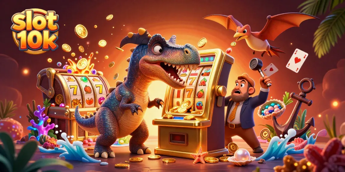 Engage with slot 10k as a pachycephalosaurus celebrates jackpot wins alongside a casino manager.