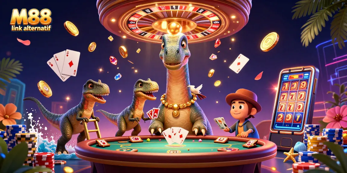 This vibrant 3D illustration showcases the M88 link alternatif theme with characters engaging in a dynamic gambling scene.