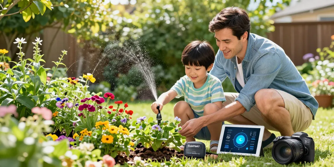 Family using the RainPoint WiFi water timer to enhance garden care.