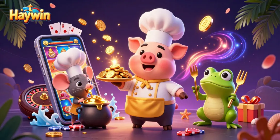Haywin promotes exciting gaming with a chef pig presenting gold coins and vibrant slot elements.