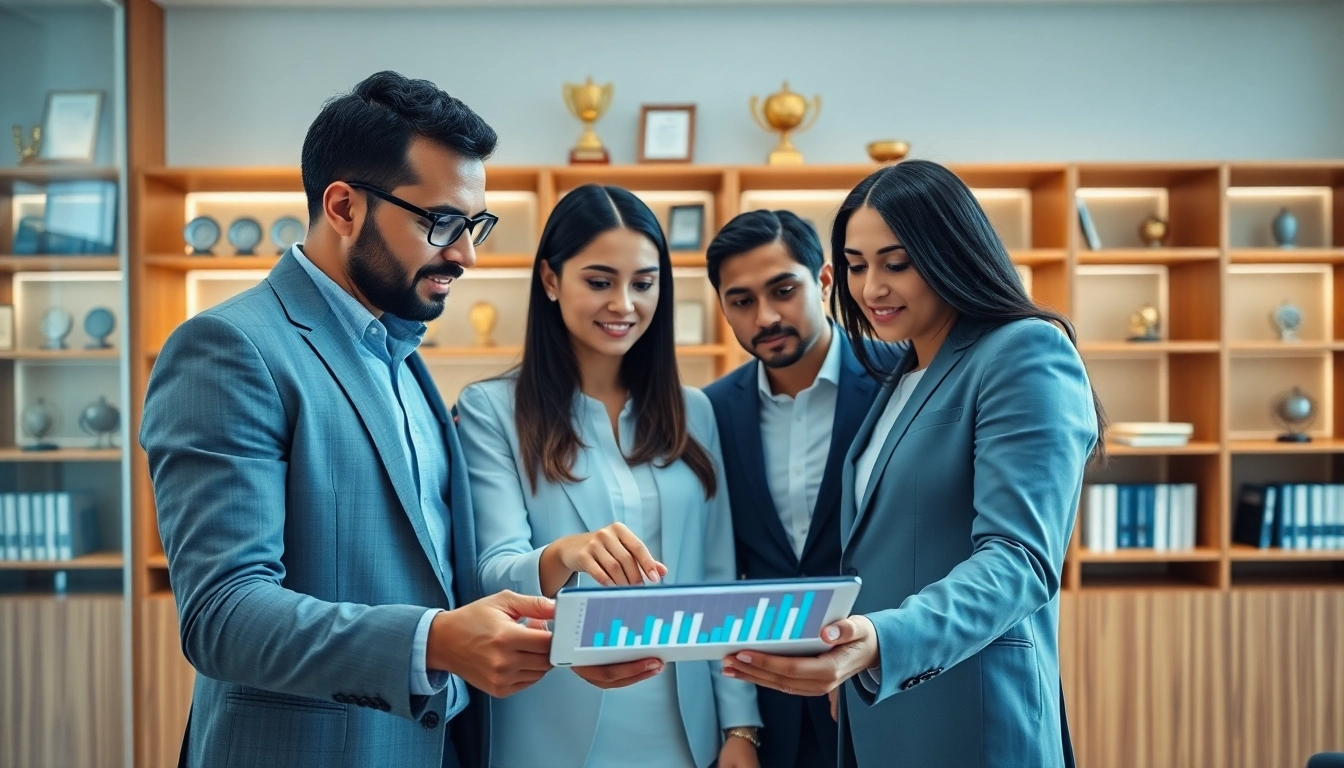 Business Consultants in Dubai collaborating in a modern office environment on business strategies.